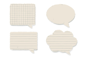 Torn paper speech bubble vector set. Crumpled notebook paper dialog stickers with jagged edges. Lined and grid texture. Illustration for communication, message, quote concept.