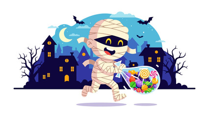 A Whimsical Mummy's Halloween Night: A playful illustration of a cheerful mummy merrily embarking on a night of trick-or-treating, their bag brimming with candies.