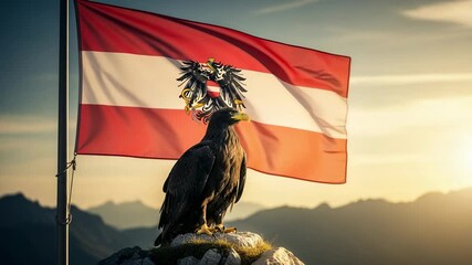 A majestic eagle perched on a mountain peak with the waving national flag of Austria and its coat of arms in the background at sunrise.