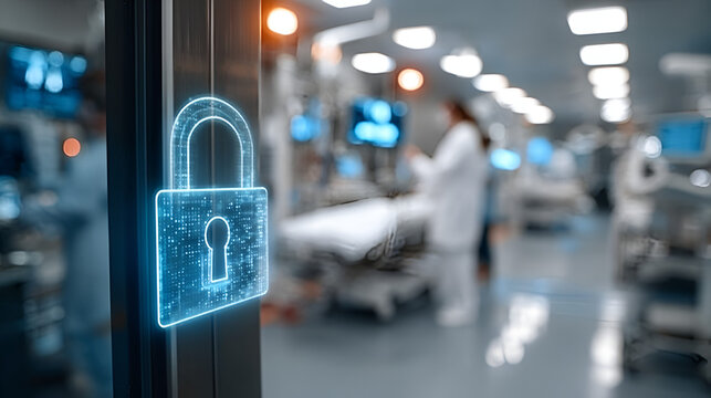 Futuristic Digital Padlock Symbol Overlaying Modern Hospital Scene Concept. Ai Generated Images