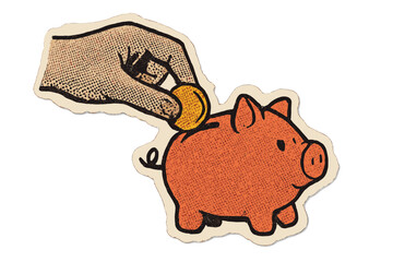 Hand putting a coin into a piggy bank. Saving money concept. Financial investment, economy, deposit metaphor. Retro 90s y2k torn paper collage effect with halftone texture.