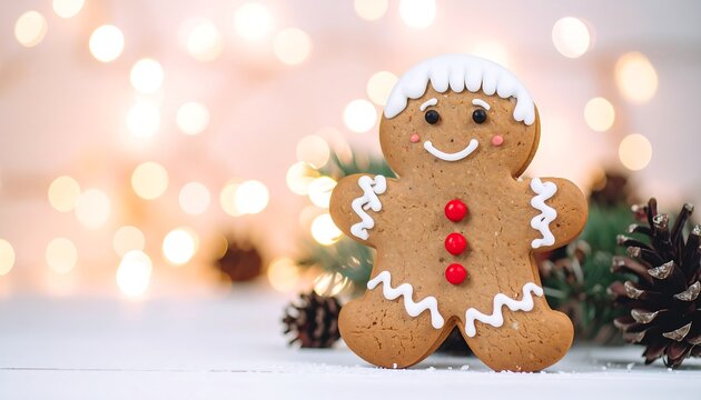 Festive gingerbread man on a snowy surface, bokeh lights - Powered by Adobe