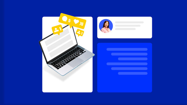 Collage of laptop with floating social media notifications and digital interface panels. Concept of HR collaboration, IT applications, online education, client service support and digital health tools