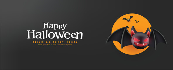 Dark Halloween Background with Scary Cartoon Bat and Full Moon