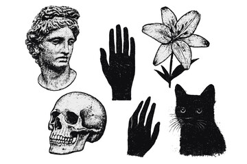 Halftone collage elements set in trendy grunge photocopy style. Antique Greek statue, lily flower, skull, hand silhouette and black cat. Vector design for zine culture.
