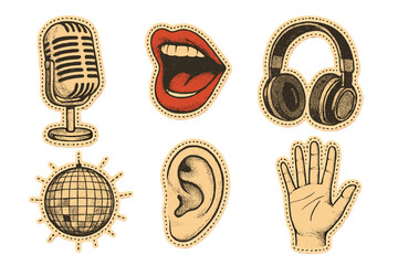 Vintage music collage sticker set. Retro audio icons with a microphone, singing mouth, headphones, disco ball, ear, and hand. Dotted vector illustration for sound and party.