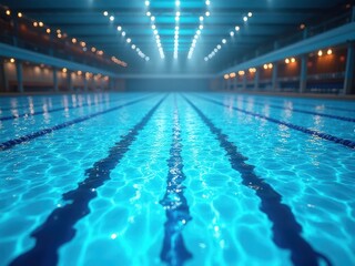 Empty Olympic swimming pool lanes with floating dividers under bright lights