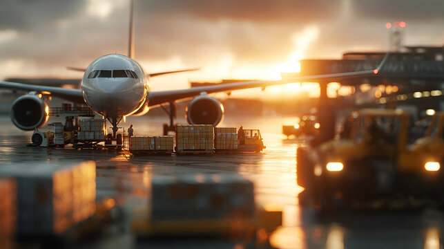 Dramatic Aviation Airplane Logistics Operation on Wet Airport Runway at Sunset. Ai Generated Images