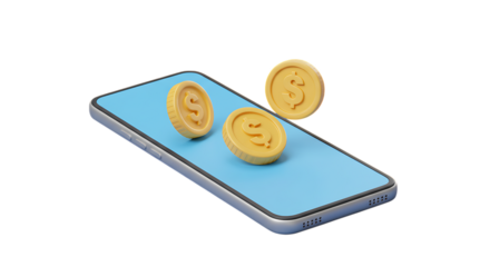 Golden cryptocurrency coins floating above a modern smartphone screen with a light blue interface isolated on white background