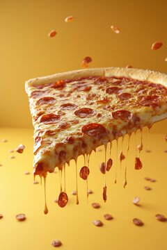 Piece of paperoni pizza on a yellow background.