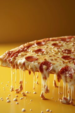 Piece of paperoni pizza on a yellow background.