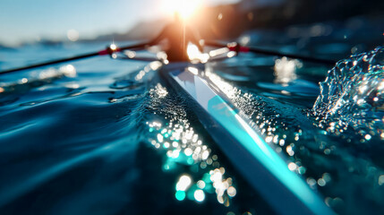 Team of women rowing in blue water under sunlight, creating ripples and reflections