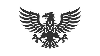 Obraz premium A black and white heraldic eagle with spread wings and sharp talons on a white background is displayed silhouette