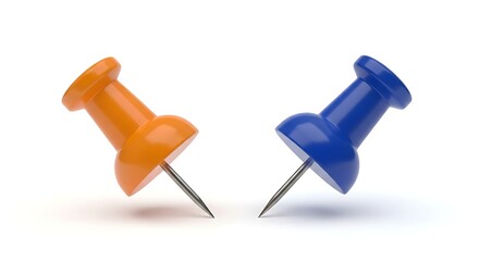 Orange and Blue Pushpins on White Background.