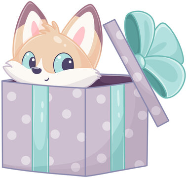 Cute fox peeking out of a gift box with a ribbon.