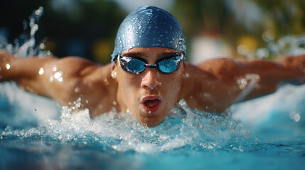 Close Up Dynamic Swimmer Performing Butterfly Stroke in Outdoor Pool. Ai Generated Images