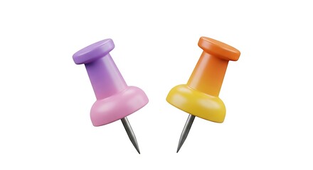 Two Colorful Pushpins on White Background.