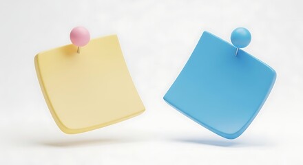 Two colorful sticky notes with pushpins on white background.