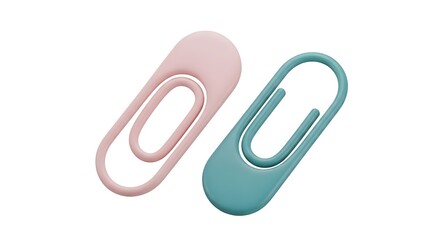 Two pastel colored paper clips, pink and teal, office supplies, stationary, desk accessories.