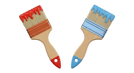 Two wooden paintbrushes with dripping red and blue paint isolated on a white background.