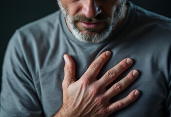 Close-up of a middle-aged man clutching his chest in discomfort against a dark background