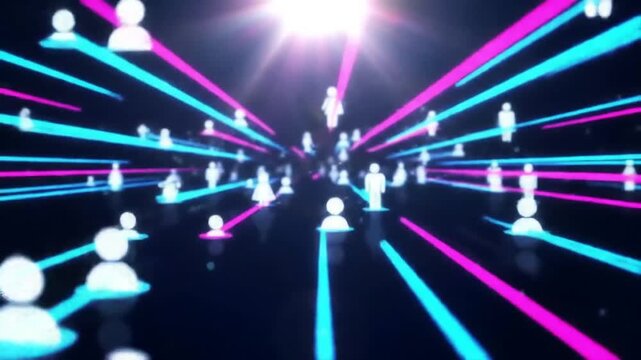 Network of connected figures on a dark background, beaming pink and blue lines connect to the central light source