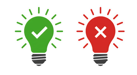 Conceptual illustration of two light bulbs one green with a checkmark and one red with an x representing good and bad ideas isolated on white background