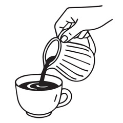 Vector depiction of a hand serving coffee into a cup, rendered in monochrome tones, emphasized with bold black outlines for balance and simplicity.