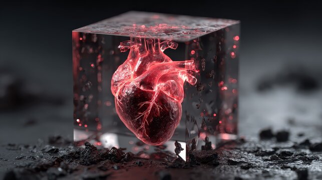 Glowing anatomical Heart contained in a crystal cube showing intricate details of arteries and ventricles for medical study - Powered by Adobe