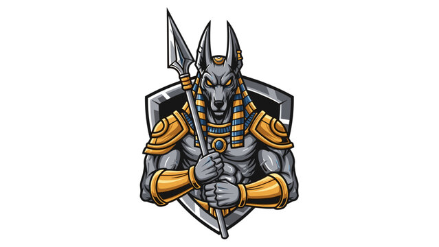 Anubis jackal warrior god holding a spear in front of a shield Mascot Logo Illustration