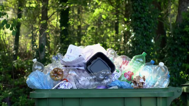 Overflowing green dumpster filled with various discarded materials in a natural setting.