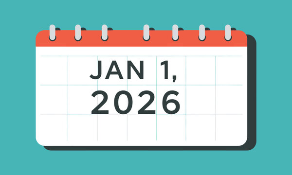 Stylized Calendar Illustration Featuring “JAN 1, 2026” in Bold Text with Red Header and Teal Background – Clean New Year or Event Reminder Design