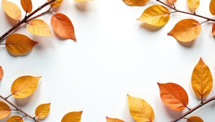 Obraz premium Eucalyptus branches with golden leaves in a photo frame on white Top view , decor, space, copy space