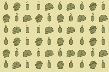 A repetitive pattern of military equipment including gloves hats and dog tags on a light background