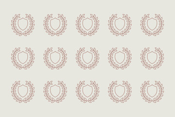 Pattern of shields surrounded by laurel wreaths on a light beige background arranged in rows and columns