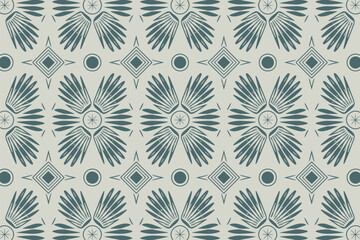 Abstract pattern featuring geometric shapes circles diamonds and stylized floral elements in muted blue tones