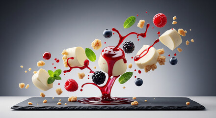 Gourmet deconstructed panna cotta with flying fresh berries, mint, and a dramatic splash of red sauce. Artistic and dynamic dessert composition on a modern slate platter.