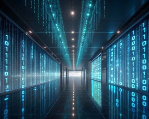 Fototapeta premium Futuristic AI Creativity Concept with Binary Streams, Photo Icons and Shimmering Model Forms