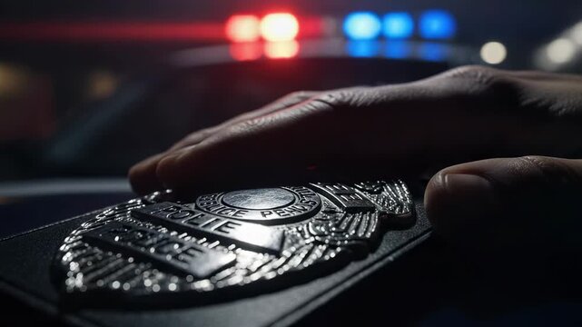 Police Badge Close-up with Emergency Lights at Night - Law Enforcement Identity and Authority Symbol
