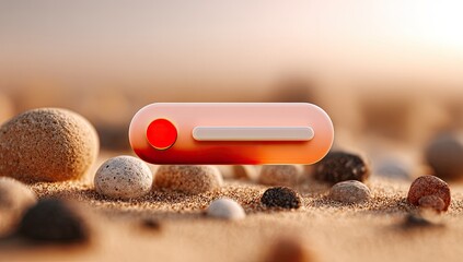 3D button on sand, sunlit, serene