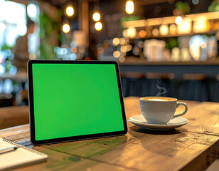 Green Screen Tablet Mockup in Cozy Coffee Shop Setting