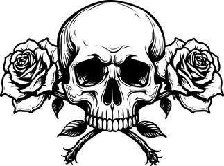 Obraz premium Skull with Roses Vector Design – Gothic Tattoo Silhouette Artwork