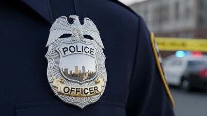 Police Officer Badge Close-Up - Law Enforcement Emblem Featuring City Skyline