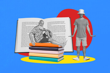 3d banner art pop trend collage of two happy guy old man stand open book literature subject novel bookworm education reader