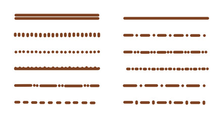 Brown Line Art: Divider Set, Simple Elements, Dashed, Dotted, Isolated Design for Graphic Design, Web Design Projects. Strokes , dotted lines border design. Transparent Design . Vector illustration