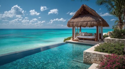 Infinity pool and cabana overlooking turquoise ocean
