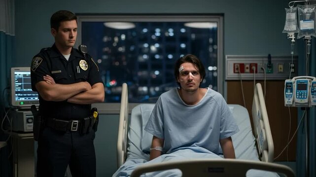 Injured young man in a hospital bed under the watch of a police officer. Crime victim or suspect concept.