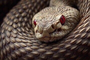 Close up of a dangerous venomous red rattlesnake with its tongue out in the desert