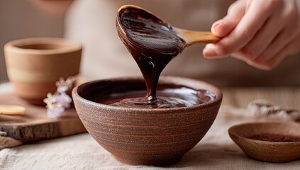 Hand pours melted chocolate into a bowl