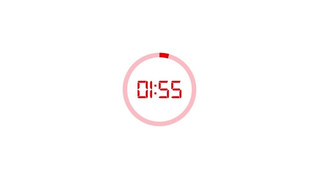 Rounded circle animation of two minutes countdown on transparent background with alpha channel, 2 minutes timer countdown animation, 2 minutes countdown